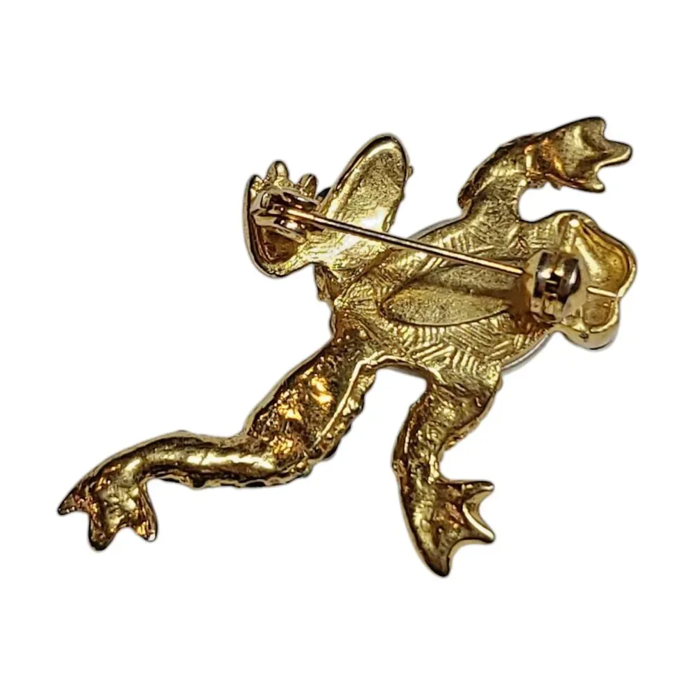 Vintage Gold Tone Frog Brooch Pin Green AB Rhinestone Crystals Faux Pearl Belly